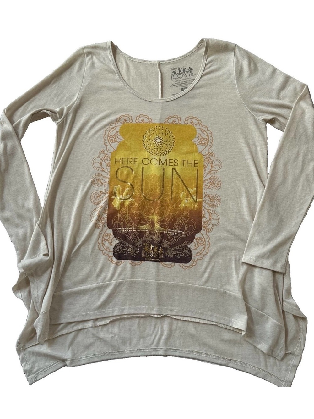 Beatles LOVE Cirque Du Soleil Tunic Shirt Womens M Here Comes The Sun Boho Chic